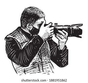 Freehand drawing of professional photographer taking picture