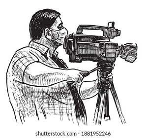 Freehand-Zeichnung des professionellen Videografen bei der Arbeit
