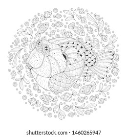 Freehand drawing with puffer fish on the background of small fish. Image for coloring pages. Coloring book.