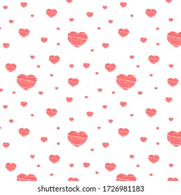 Freehand drawing red hearts on a white background. Seamless pattern.