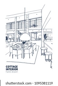 Freehand drawing of residential house or summer cottage interior furnished in trendy Scandic style. Stylish dining room hand drawn with outlines on white background. Realistic vector illustration