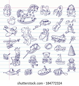 Freehand drawing retro toys items on a sheet of exercise book. Vector illustration. Set