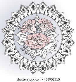 Freehand drawing of roses in east style. Can be used for backgrounds, business style, tattoo templates, cards design or else. Vector illustration.