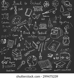 Freehand drawing school items, Back to School. Hand drawing set of school supplies sketchy doodles vector illustration, doodles, science, physics, calculus, oral exam, history, biology, Blackboard