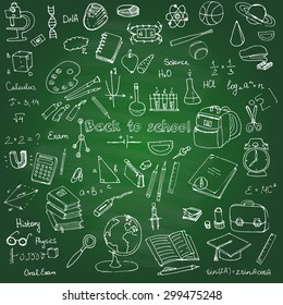 Freehand drawing school items, Back to School. Hand drawing set of school supplies sketchy doodles vector illustration, doodles, science, physics, calculus, oral exam, history, biology, school board