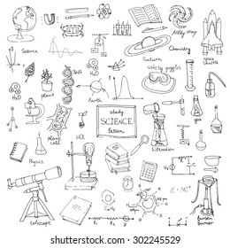 Freehand drawing school items, Back to School Science theme, Hand drawing set of school supplies sketchy doodles vector illustration, doodles, science, physics, calculus, chemistry, biology, astronomy