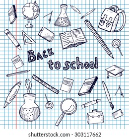 Freehand drawing school items. Back to School. Set of drawings.