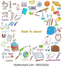 Freehand drawing school items, Back to School. Hand drawing set of school supplies sketchy doodles vector illustration, doodles, science, physics, calculus, oral exam, history, biology