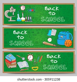 Freehand drawing school items, Back to School. Hand drawing set of school supplies sketchy doodles vector illustration, card templates, science, physics, calculus, oral exam, history, biology