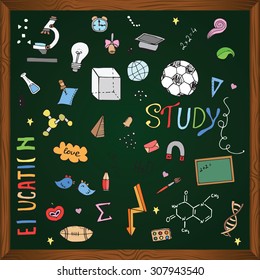 Freehand drawing school items. Back to School. Vector illustration. Set teachers day background school items. School supplies and chalkboard. School concept accessories.