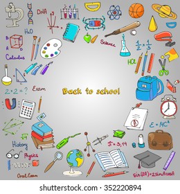 Freehand drawing school items, Back to School. Hand drawing set of school supplies sketchy doodles vector illustration, doodles, science, physics, calculus, oral exam, history, biology