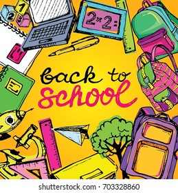 .Freehand drawing school items. Back to School. 
Back to school big doodles set. Hand drawn with ink. Vector illustration