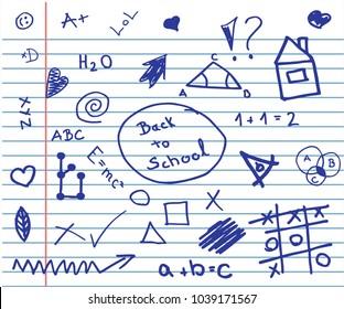 Freehand drawing school items on a sheet of exercise book. Back to School. Vector illustration. Set