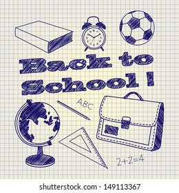Freehand drawing school items on a sheet of exercise book. Back to School.