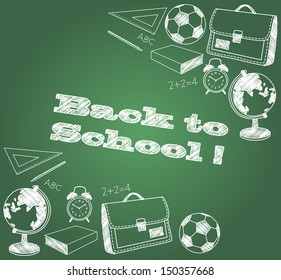 Freehand drawing school items on a sheet of exercise book. Back to School.
