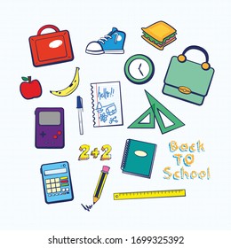 Freehand Drawing School Items On A Sheet Of Exercise Book. Back To School. Vector Illustration. Set