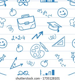 Freehand drawing school items on a sheet of exercise book. Back to School. Vector illustration. 