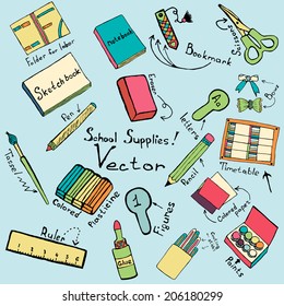 Freehand drawing school items on a sheet of exercise book. Back to School. Vector illustration. Set