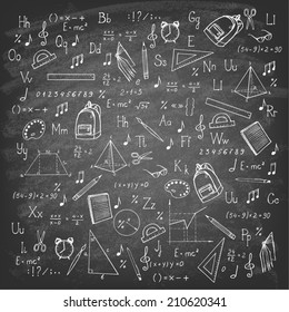 Freehand drawing school items on blackboard. Vector illustration. 