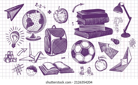 Freehand drawing school items on a sheet of exercise book. Back to School. Vector illustration. Set