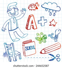 Freehand drawing school items on a sheet of exercise book. Back to School.