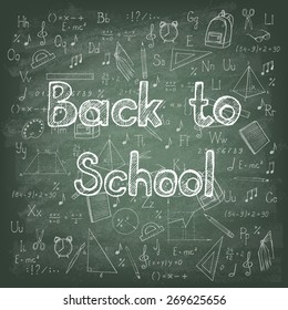 Freehand drawing school items on the green blackboard. Back to School. Vector illustration.