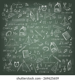 Freehand drawing school items on the green blackboard. Vector illustration.