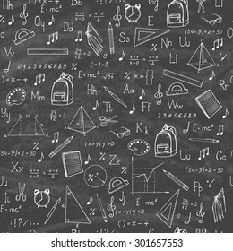 Freehand drawing school items on the blackboard. Seamless pattern. Vector illustration.