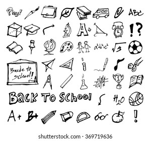 Freehand drawing school items on a sheet of exercise book. Back to School. Vector illustration. Set