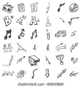 Freehand drawing school items on a sheet of exercise book. Back to School. Vector illustration. Set