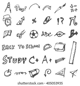 Freehand drawing school items on a sheet of exercise book. Back to School. Vector illustration. Set