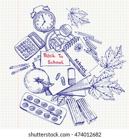 Freehand drawing school items on a lined paper background. Back to School. Vector Illustration. Set
