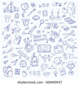 Freehand drawing school items on a sheet of exercise book. Back to School. Vector illustration. Set