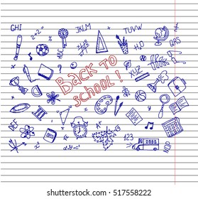 Freehand drawing school items on a sheet of exercise book. Back to School. Vector illustration. Set