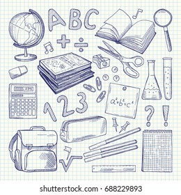 Freehand drawing school items on a sheet of exercise book. Back to School. Vector illustration. Set