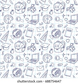 Freehand Drawing School Items On A Sheet Of Exercise Book. Vector Illustration. Seamless Pattern.