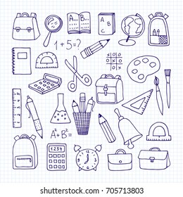 Freehand drawing school items on a sheet of exercise book. Back to School. Vector illustration. Set