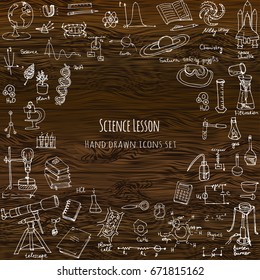 Freehand drawing school items. Science Lesson concept. Hand drawing set of education supplies sketchy doodles Cartoon symbols Vector illustration Physics Calculus Chemistry Biology Astronomy Lab