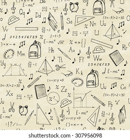 Freehand drawing school items. Seamless pattern. Vector illustration.