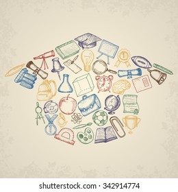 Freehand drawing school items. Set of drawings.