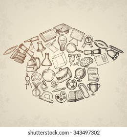 Freehand drawing school items. Set of drawings.
