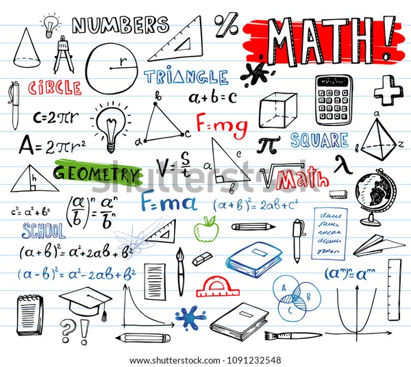 Freehand drawing school mathematics\
symbols on a sheet of exercise book. Back to\
School.