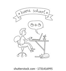 Freehand drawing Schoolboy studying or doing homework with laptop. e-learning education
