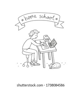 Freehand drawing Schoolboy studying or doing homework with laptop. Learning language, watching online webinar, e-learning education. Back to school