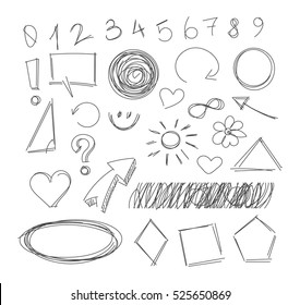 Freehand drawing scribble items. Pencil drawing. Isolated on white background. Vector illustration. Set