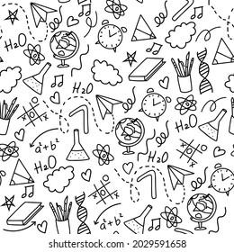Freehand drawing seamless pattern. Back to School vector illustration clip art. School education doodle graphics 
