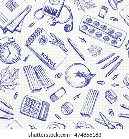 Freehand drawing seamless pattern with school items on a lined paper background. Back to School. Vector Illustration. Set