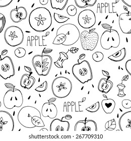 Freehand drawing. Seamless pattern. Sketch of an apple, leaf, apple seeds,  apple and a cut apple. drawn by hand. ?oloring book for adults. Custard apple. Incision cream apple. 