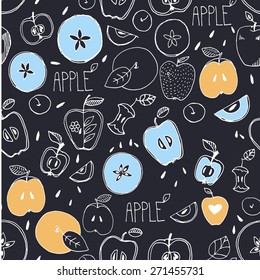 Freehand drawing. Seamless pattern. Sketch of an apple, leaf, apple seeds,  apple and a cut apple. drawn by hand. Custard apple. Incision cream apple.