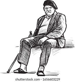Freehand drawing of senior man with stick sitting on park bench and resting